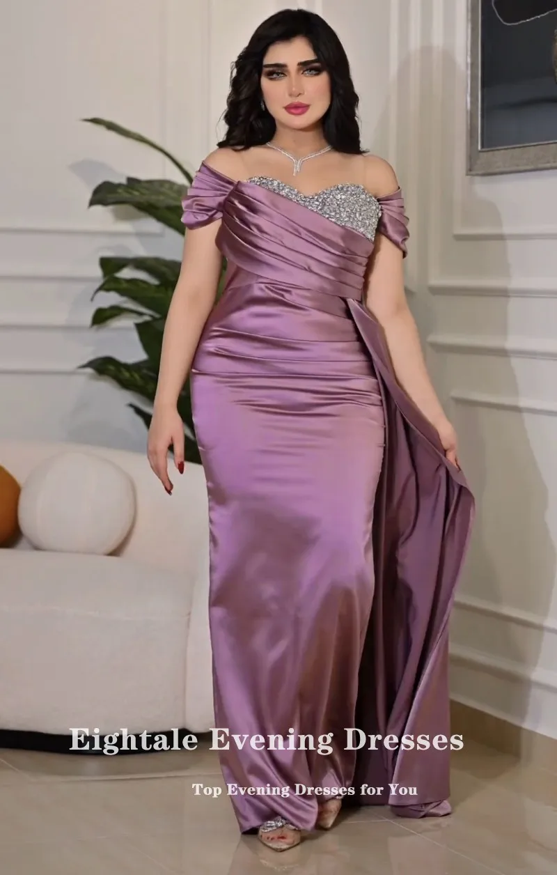 Eightale Arabic Evening dresses Beaded Off the Shoulder Floor Length Satin Purple Mermaid Prom Party Gown Robe De Soirée