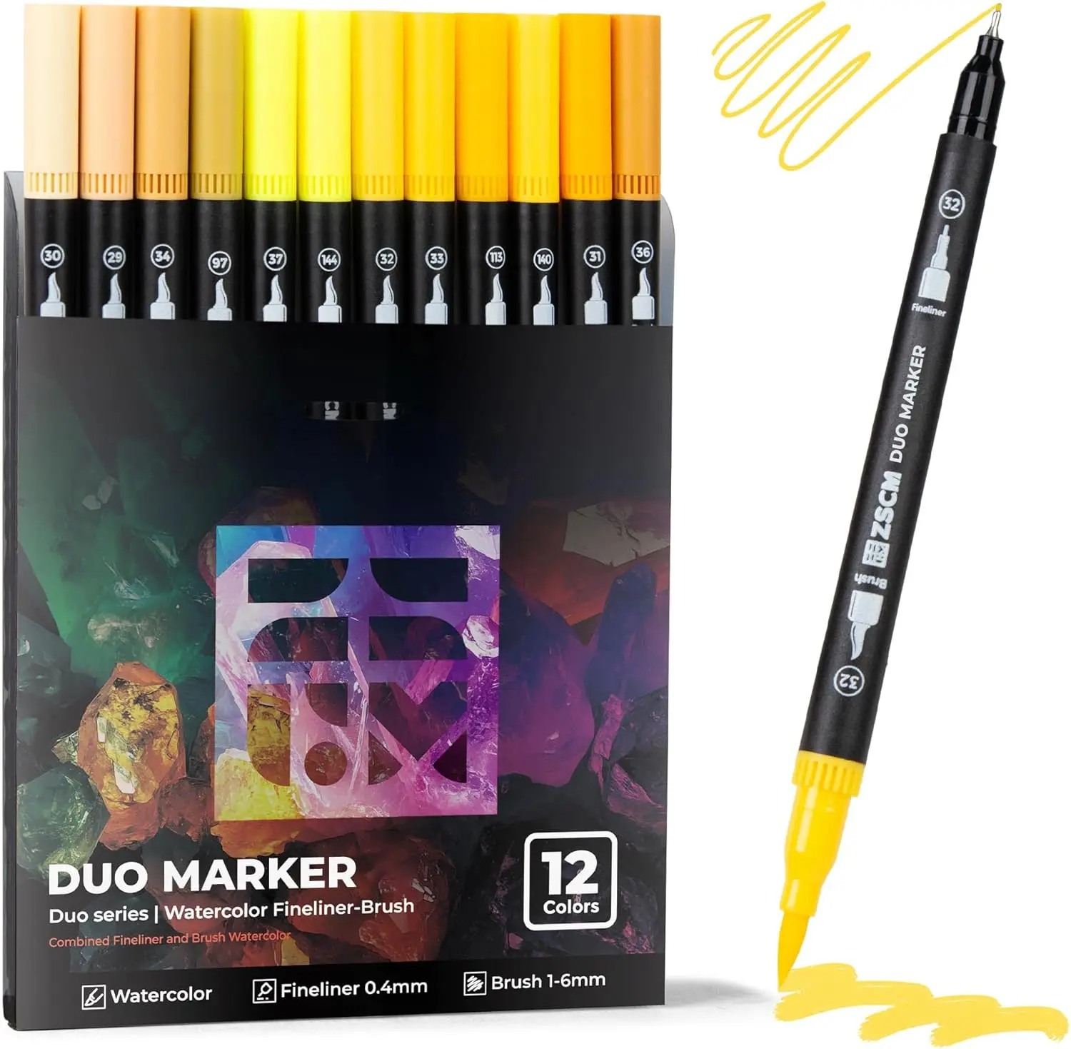 

Dual Tip Yellow Markers, 12 Pack Fine & Brush Pens for Adult Coloring, No Bleed, Bright Summer Art