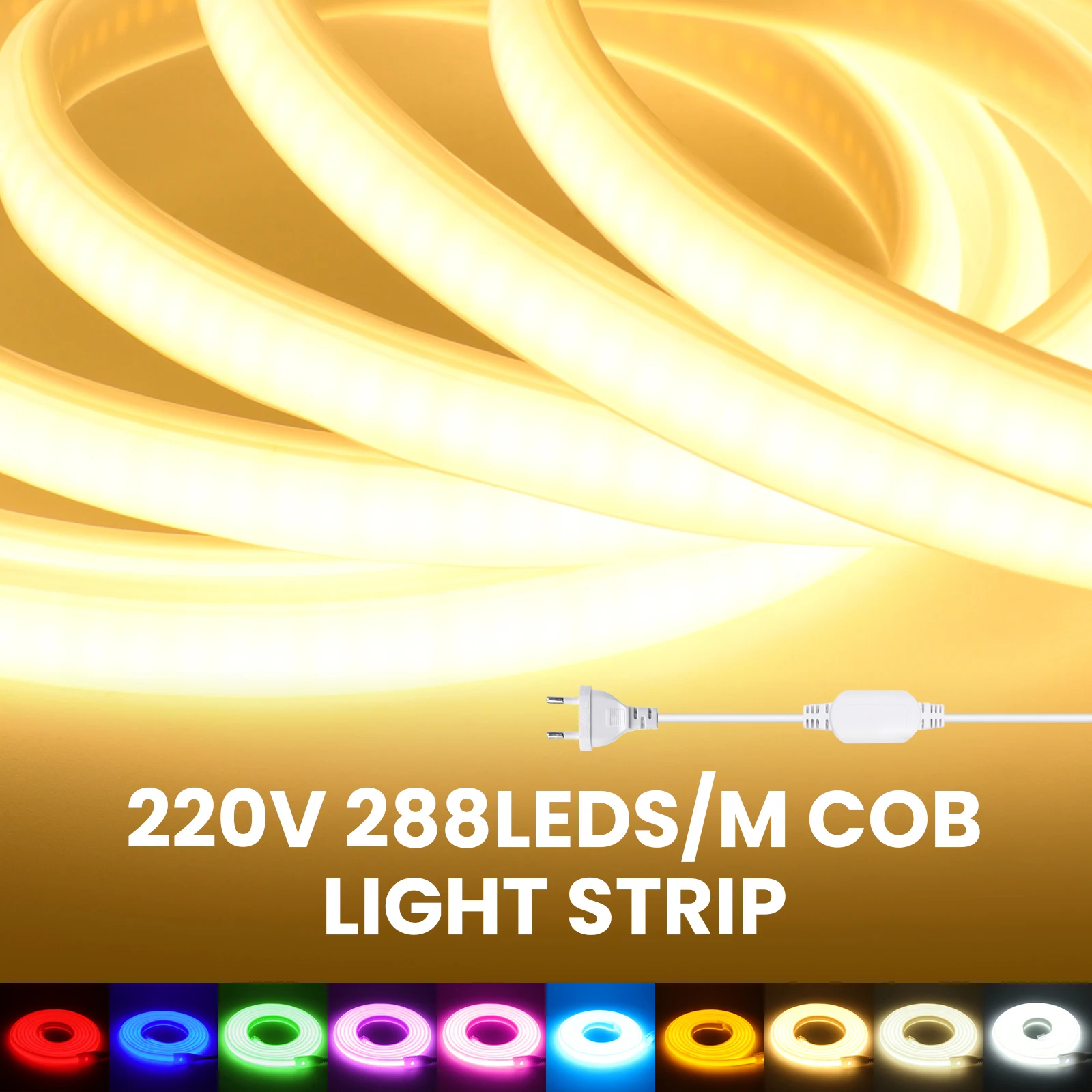 

Светодиодная лента COB 220 В, 288 светодиодов/м, водонепроницаемая светодиодная лента с вилкой, гибкая лента для кухонного шкафа, лампа для домашнего декора, 10 цветов