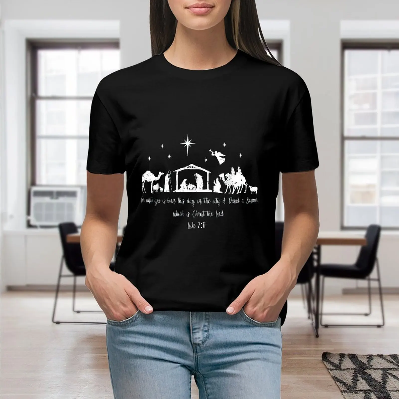 Silent Night Holy Night Nativity Religious Christmas T Shirt Graphic Shirt Casual Short Sleeved Female Tee T-Shirt Size S-4XL