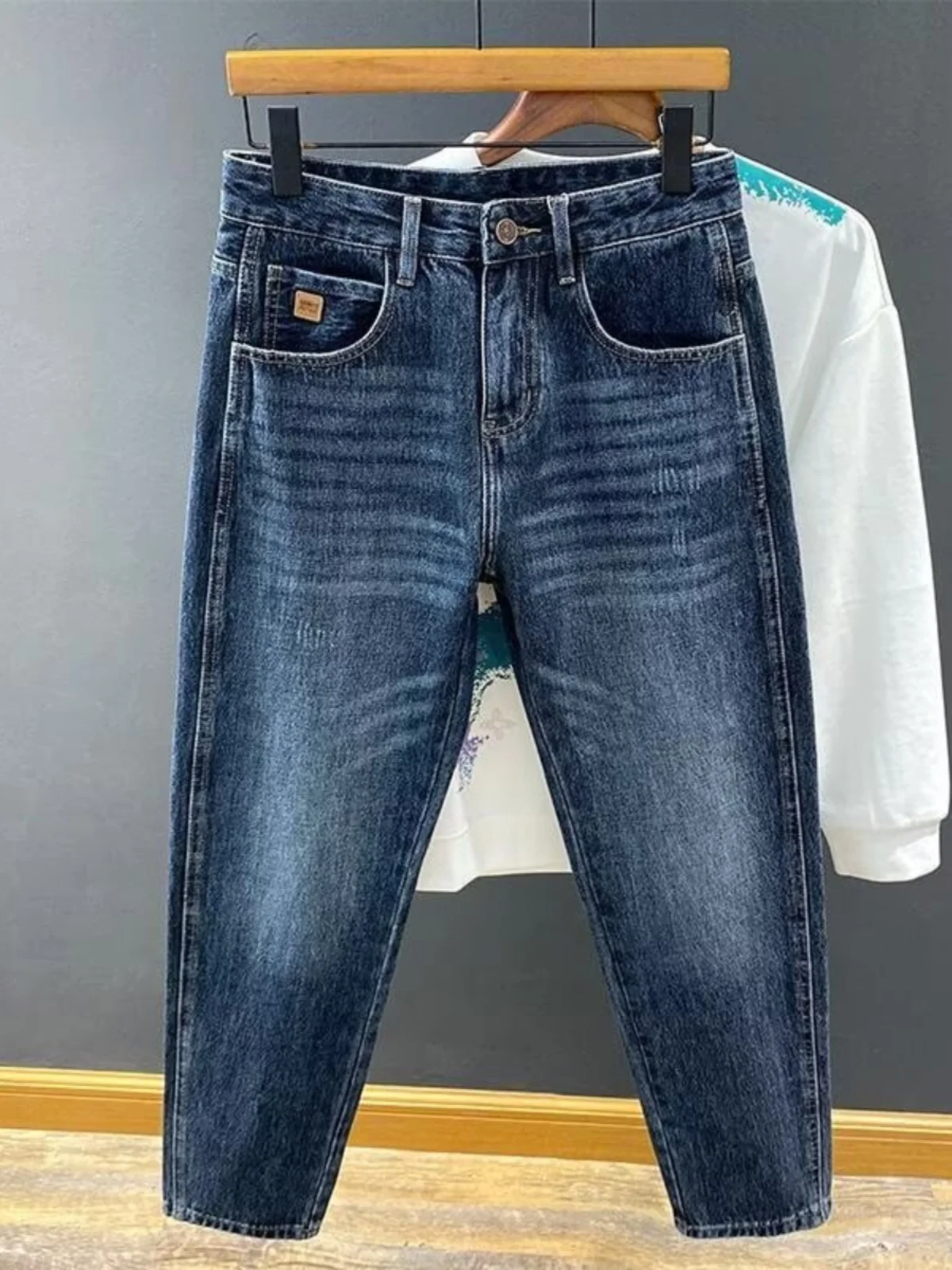 

Высококачественные мужские облегающие джинсы, осенне-зимние новые повседневные длинные брюки с вышивкой, корейская версия, удобные, износостойкие