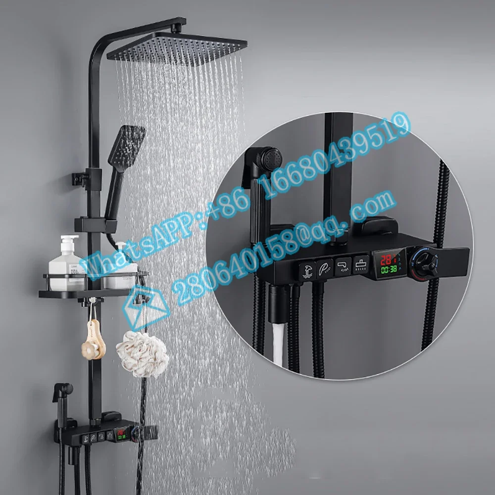 Hot and Cold Digital Four Speed Function Square Sonstant Temperature Modern Black Shower Sprayer Set