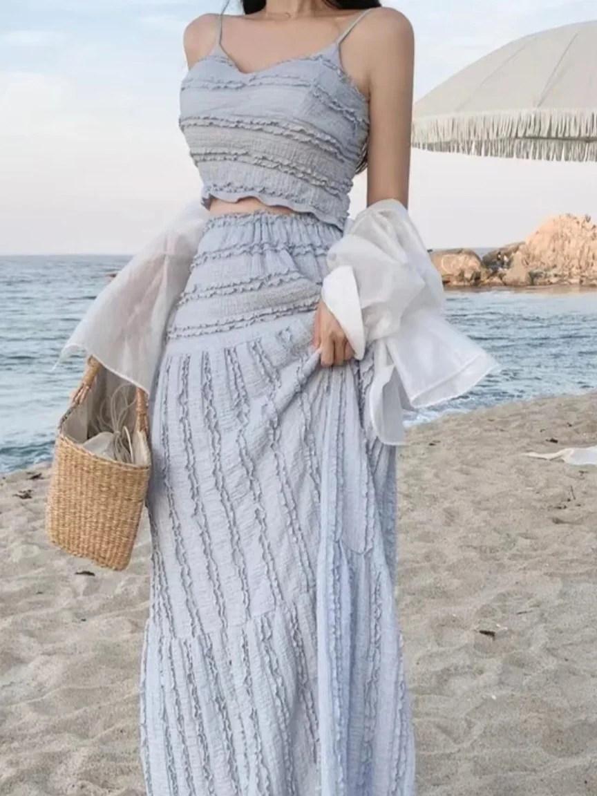 

Ele ort Lace Crop Top And High Waist Midi Skirt Two Piece Set for Women Sweet Pure Desire Faionable Ensemble