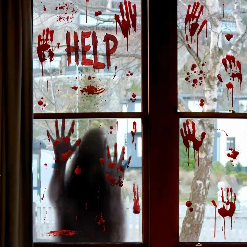 Halloween Ghost Shadow Blood Scratches Wall Window Sticker Scary Halloween Party Decoration Bloody Handprints Static Stickers