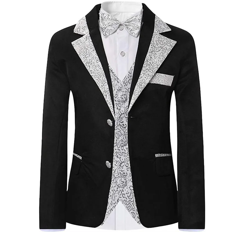 

Boys Slim Fit Suits 5 Pieces Set Kids Blazer Vest Pants Shirt Bowtie Jacket With Gold Rims For Wedding Party Prom