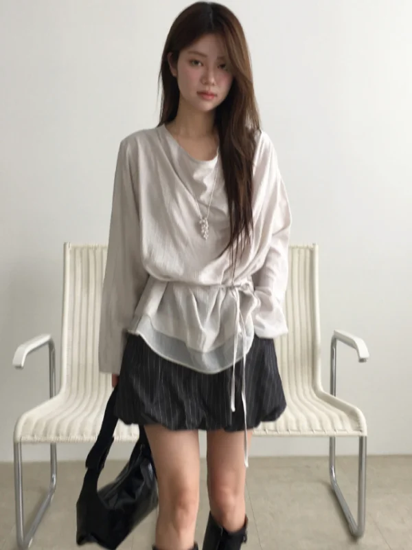 Loose Long Sleeve Shirt Double Layer Hem Draped Collar Semi-Transparent Korean Style Women's Casual Fashion Spring Autumn Winter