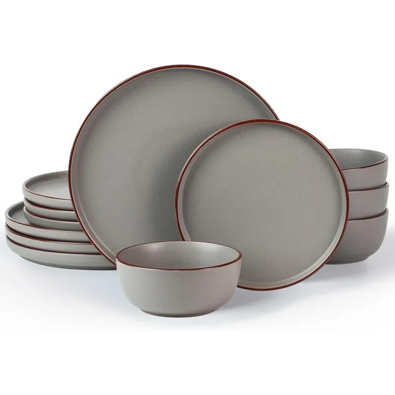 Mercury Plates and Bowls Sets, 12 Pieces Stoneware Dinnerware Sets, Dishes Set for 4, Microwave and Dishwasher Safe, Charcoal…