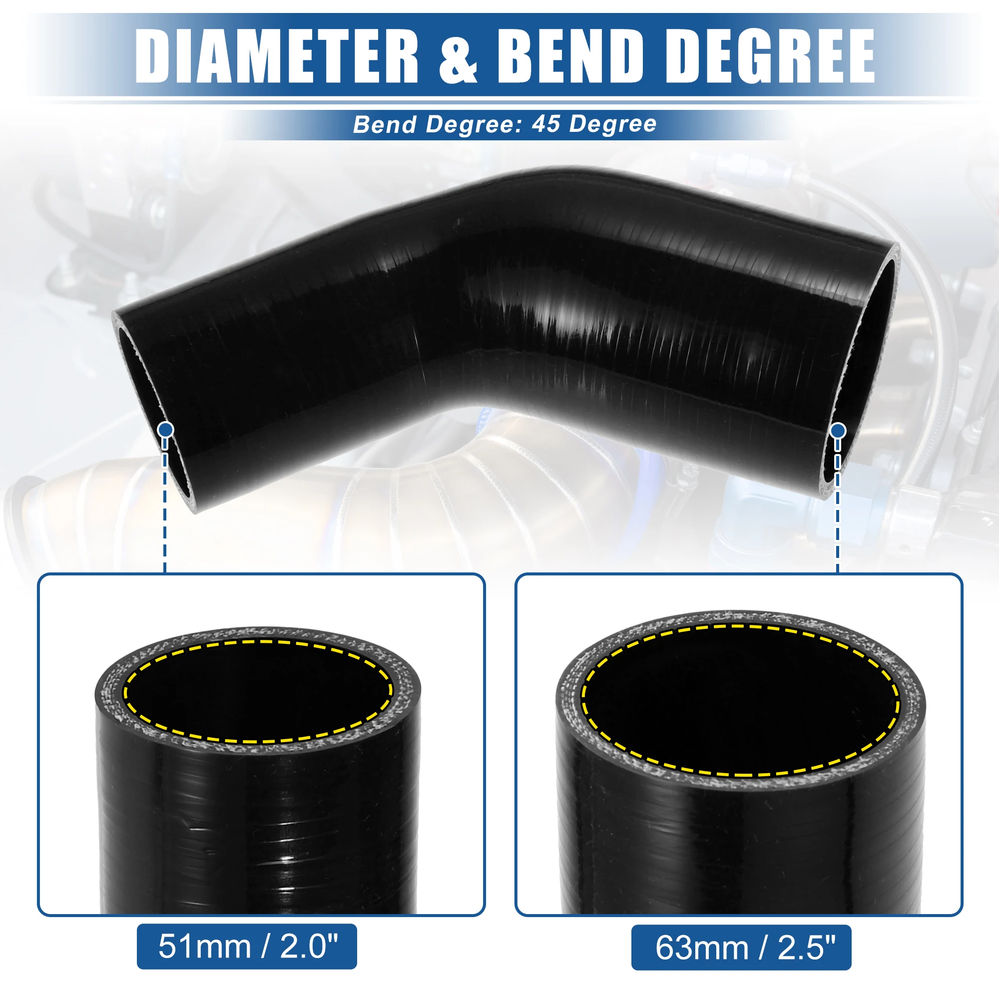 UXCELL 45도 51mm-63mm 70mm-76mm ID 4Ply 자동차 팔꿈치 감속기 실리콘 호스 커플러 인터쿨러 튜브 흡입 배관
