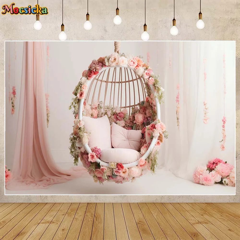 

Mocsicka Newborn Photography Background Hanging Basket Pillows Flowers White Room Baby Kids Photo Backdrop Studio Shooting Props