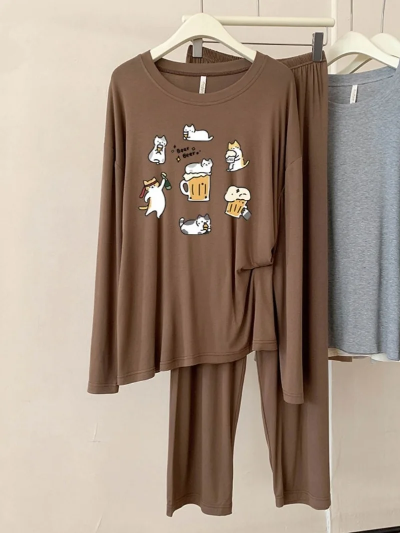 

A26 Modal Pajamas Women Spring Autumn New Casual Casual Solid Color Round Neck Long Sleeve Plaid Breathable Homewear Set