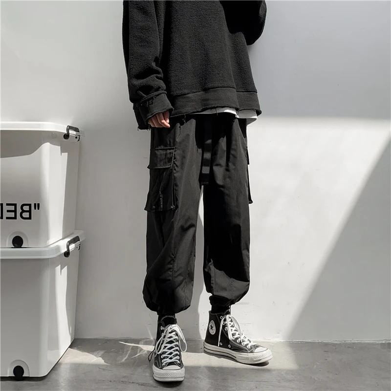 Pants Men Solid Elastic Waist Bundle Feet Lace Up Chic Cargo 3XL Trousers Ins  Pantalones Baggy Harajuku High Street Hip-hop New