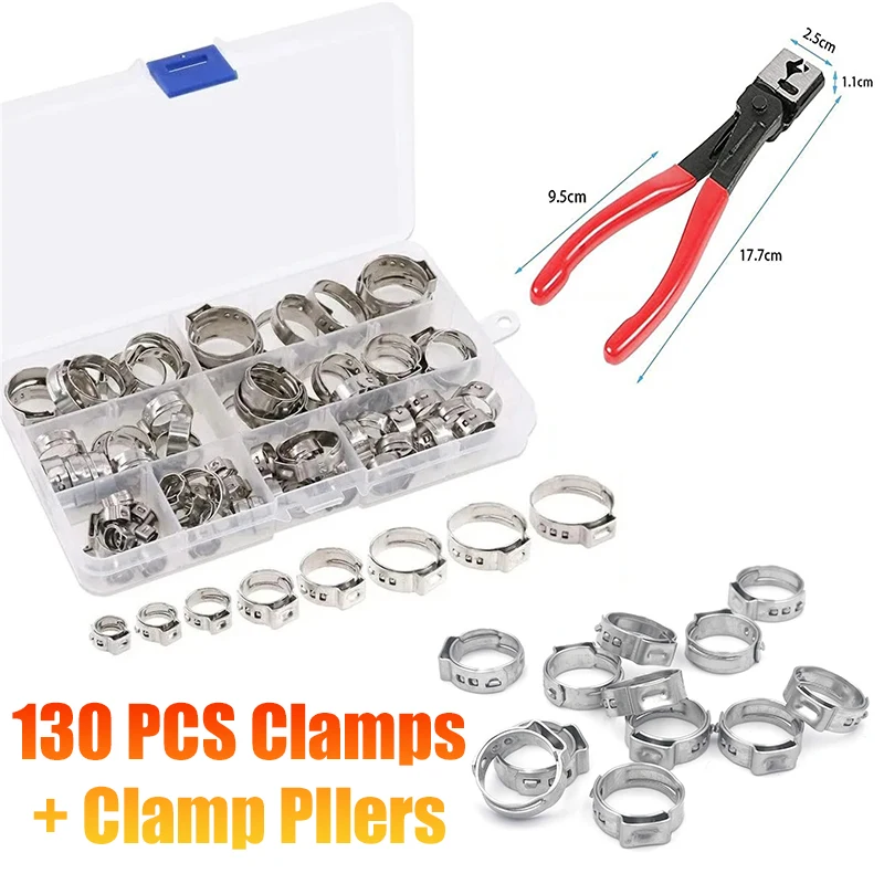 130/80pcs Single Ear Stepless Hose Clamps With a Hose Clip Clamp Pliers 7-21mm Stainless Steel Fuel Hose Clamps Cinch Clamp Ring