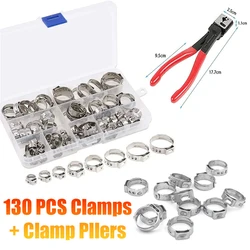 130/80pcs Single Ear Stepless Hose Clamps With a Hose Clip Clamp Pliers 7-21mm Stainless Steel Fuel Hose Clamps Cinch Clamp Ring