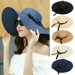 Women Beach Sun Visor Large Brim Floppy Straw Hat Fashion Summer Bow Cap Casual Summer Sun Hats