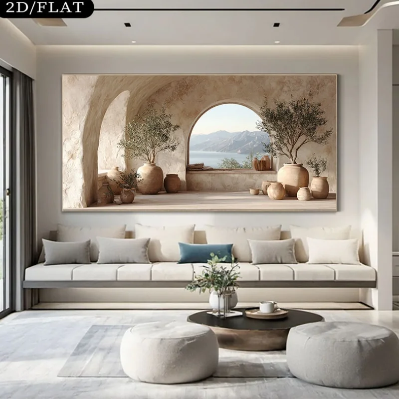 2D/Flat 1pc Extra Large Modern Coastal Canvas Wall Art, Frameless Mediterranean Sea & Olive Tree Painting for Living Room Decor