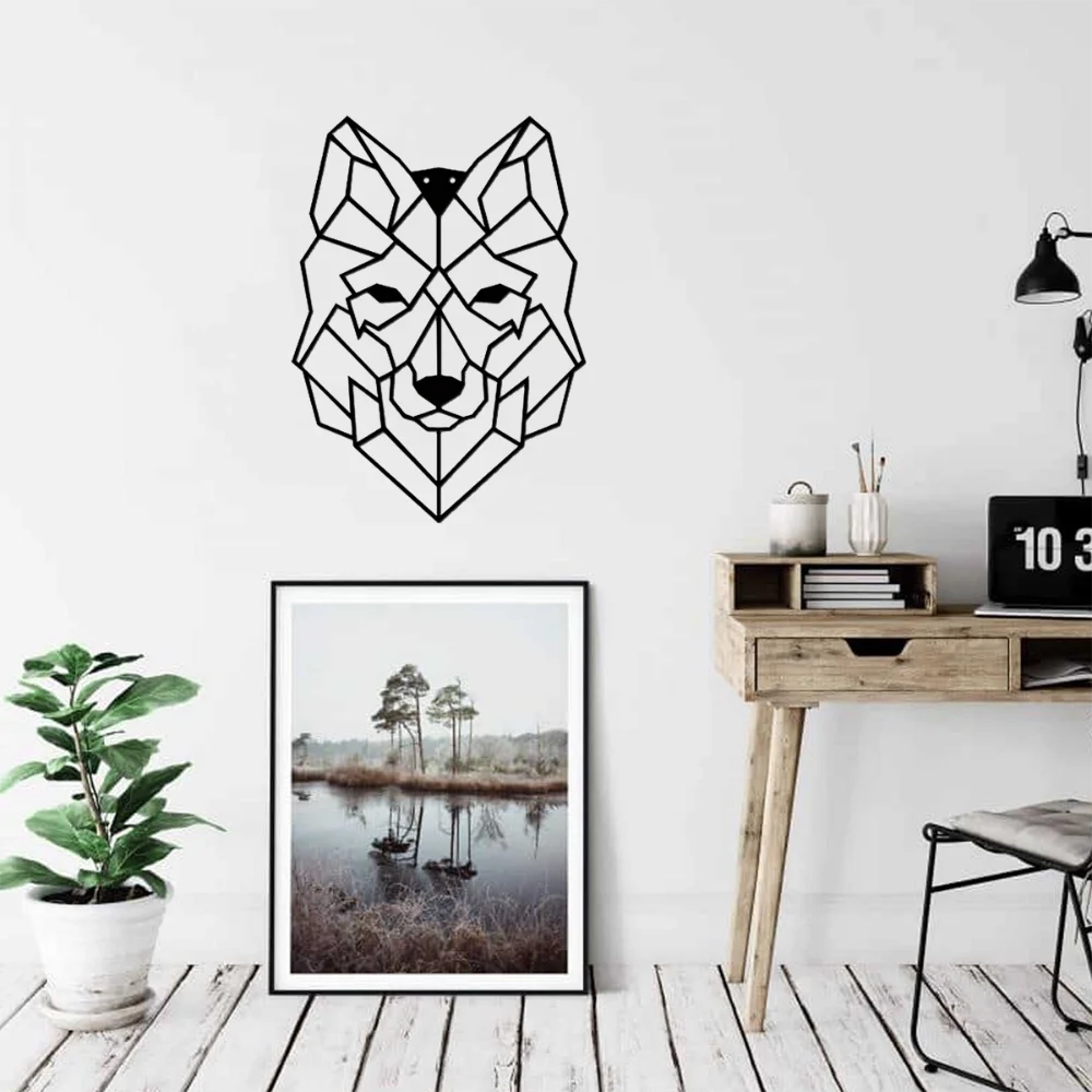 Stunning 1pc Metal Geometric Wolf Head Wall Art: A Magnificent Ornament for Living Room and Office, a Gorgeous Black Iron Gift