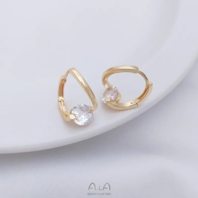 French Large Zircon Color Ear Buckle 14K Gold Ins Style Simple Light Luxury Fashion Earrings Internet Celebrity Temperament