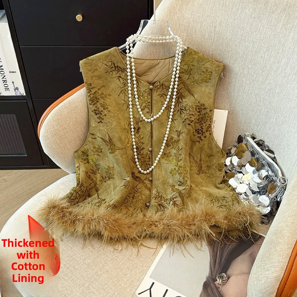 

New Chinese Sle Thiened Cotton Featherl Vest with Button Design Outerwear Women's Faionable Autumn Winter Jaet