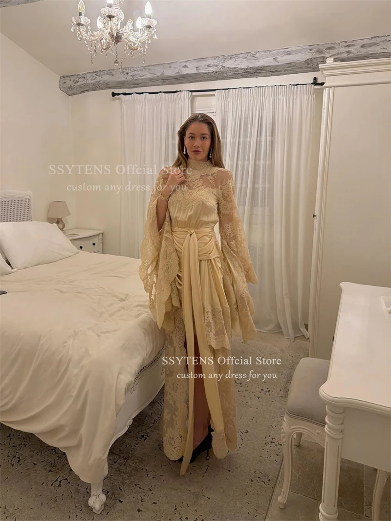 ชุดราตรีสีเหลืองแบบสั่งตัด SSYTENS ชุดเดรสลูกไม้สำหรับงานพรอม แขนยาว สง่างาม vestidos de noiva ชุดราตรีงานเลี้ยงแบบสั่งตัด