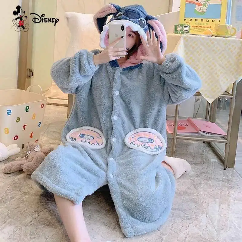 女性のかわいいフード付きステッチ暖かいパジャマアニメ秋冬新漫画肥厚女性のローブホームウェアファッションナイトガウン