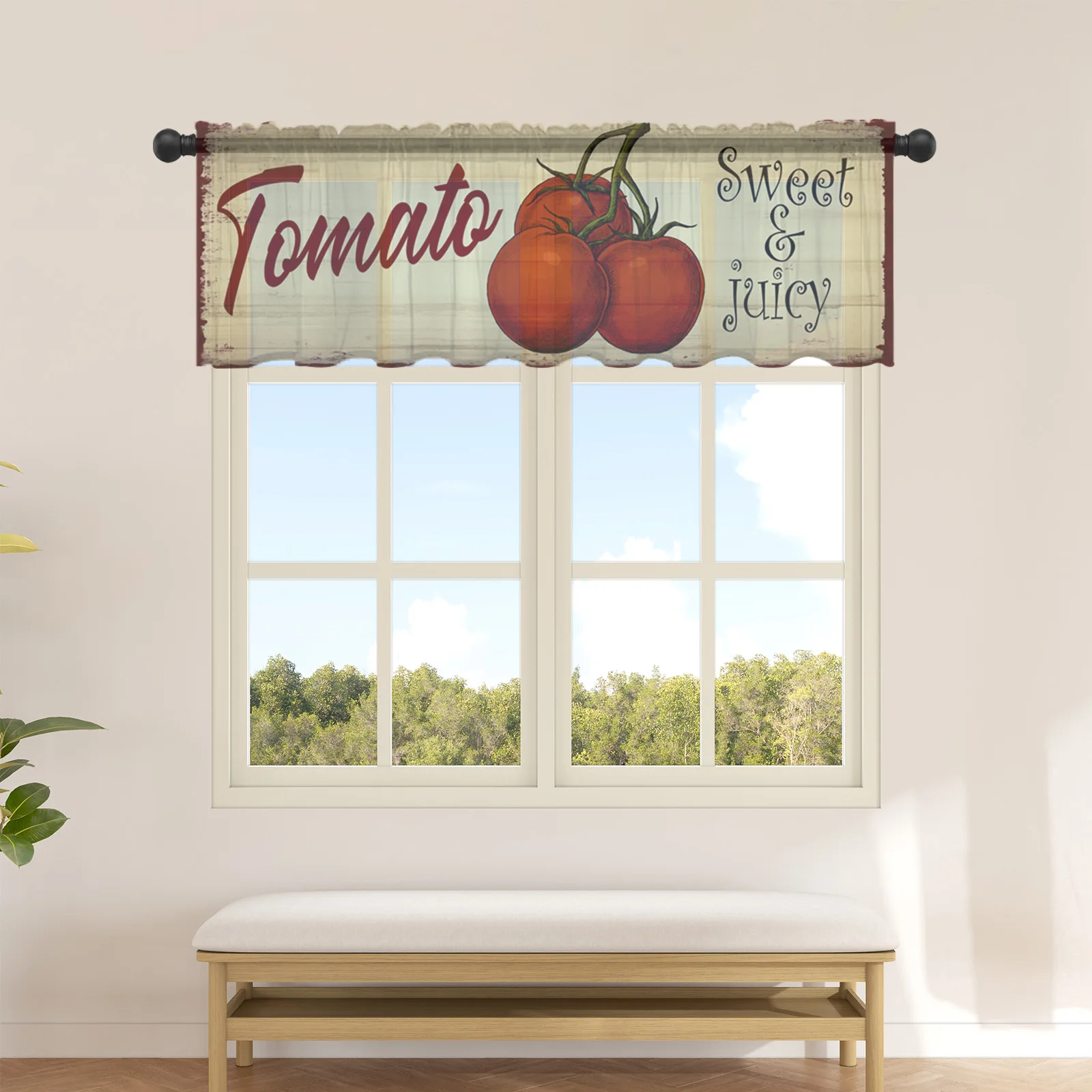 Tomato Wood Grain Retro Kitchen Small Window Curtain Tulle Sheer Short Curtain Bedroom Living Room Home Decor Voile Drapes