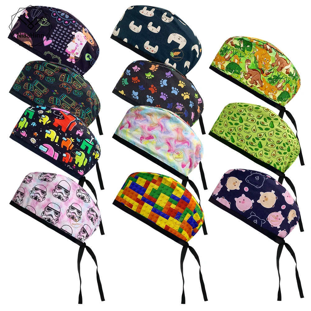 Esfoliante de algodão estampado feminino, Spa, Pet Shop, Nurse Accessories, Respirável, Dustproof, Respirável, Enfermagem, Limpeza, Higiene Cap