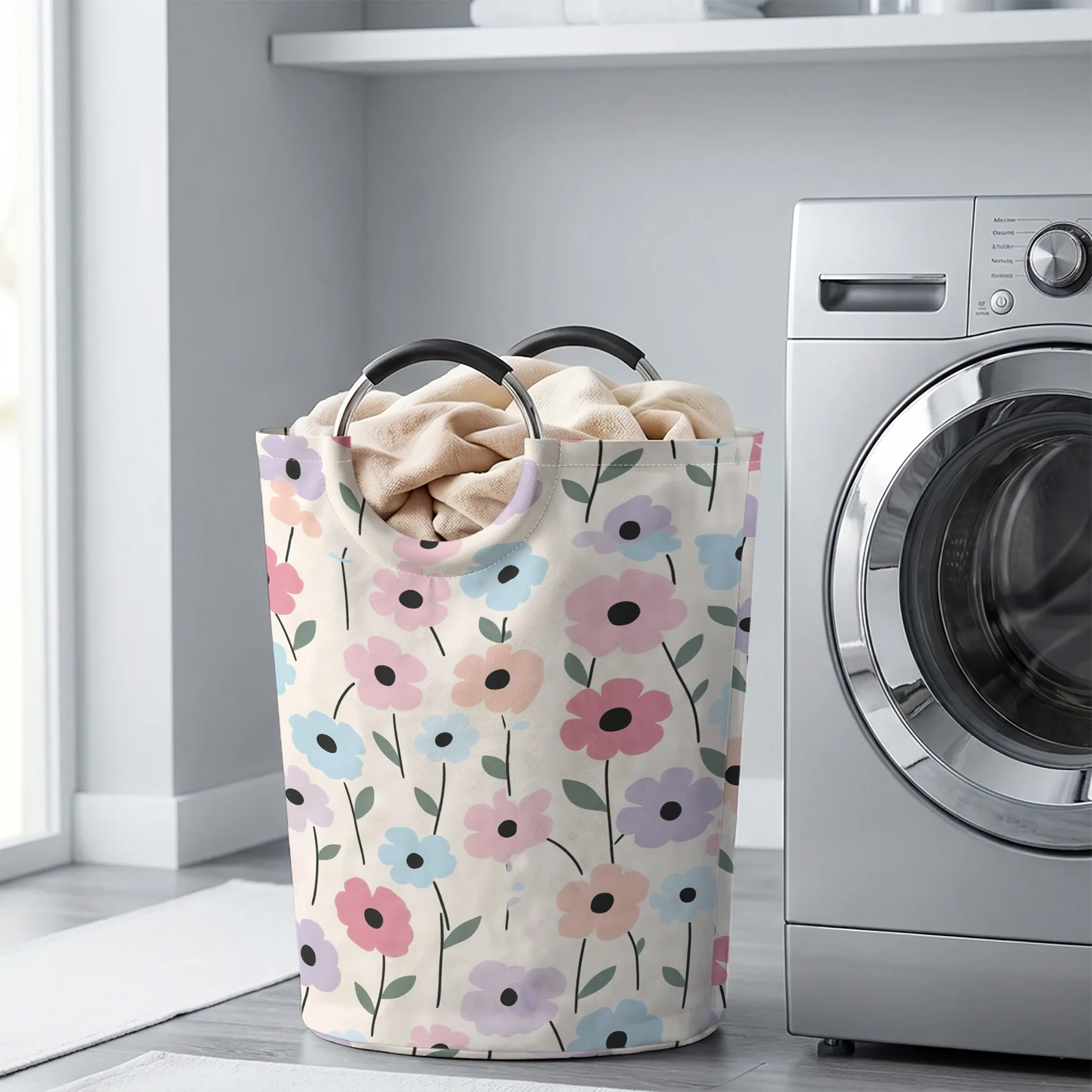 Morandi Color Simple Floral Print Handheld Storage Basket, For Laundry, Bedroom & Home Sundries Storage