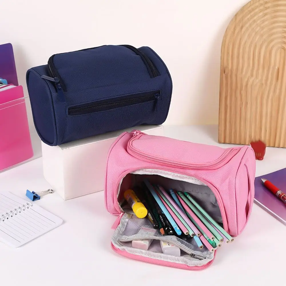 Simple Oxford Cloth Double-Layer Pencil Case Large Capacity with Zipper Pencil Bag Wear-resistant Stationery Organizer Office