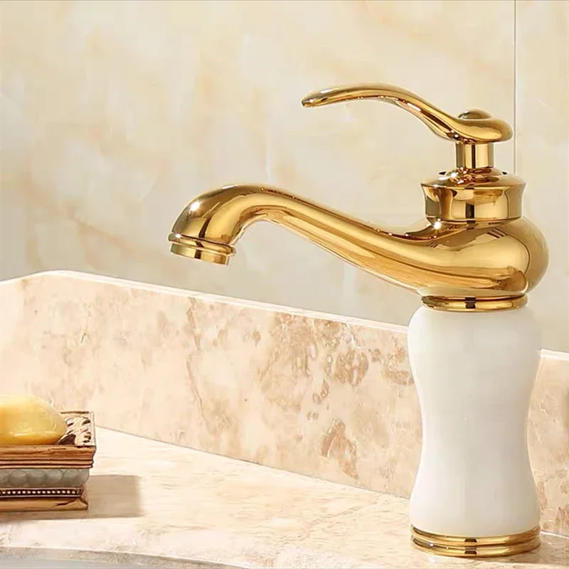 Basin Faucet Gold Brass Bathroom Single Handle Mixer Wash-basin Faucet With Jade Cold Hot Water Sink Crane Mixing Taps Torneira