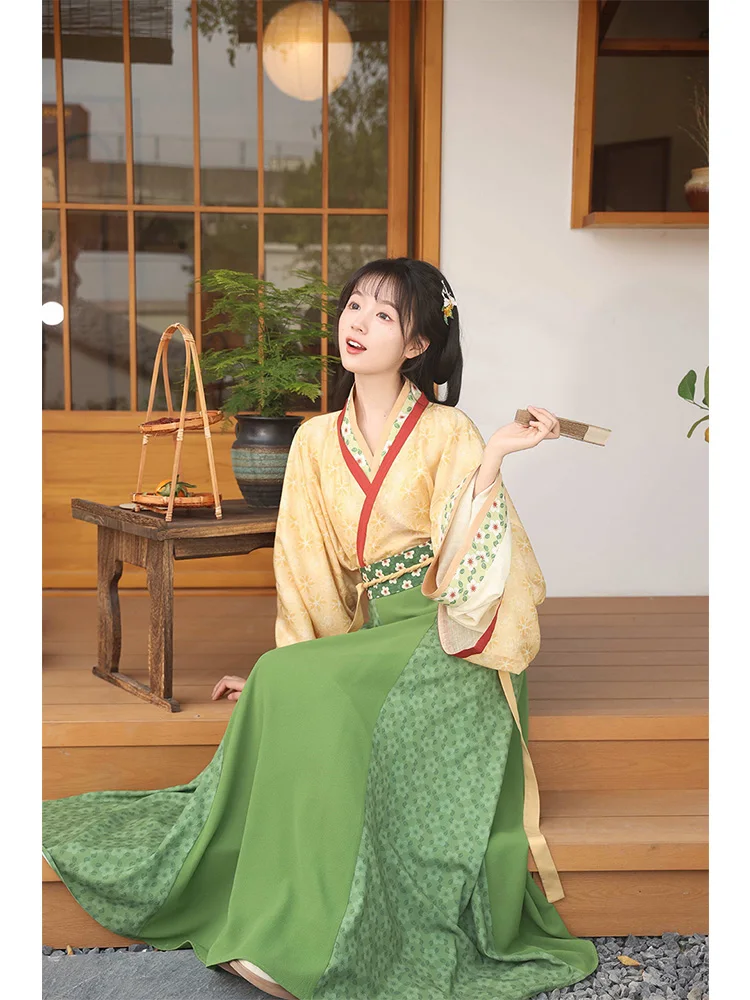 Original Hanfu Set een Weeds Jin Dynas Print Matching Inner And Outer ort T Tops with Skirt Daily Wear Spring Colle...