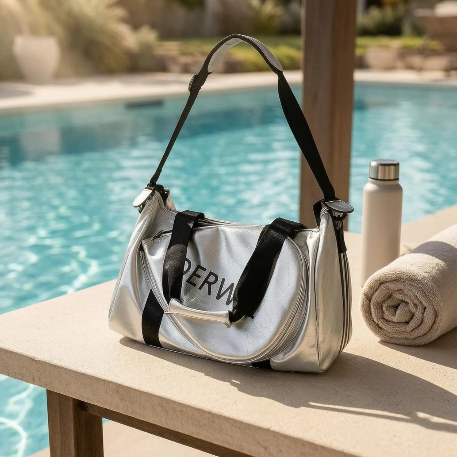 

Rectangular Duffel Bag Glossy PU Duffel Bag Luggage Detachable Strap Top Zipper