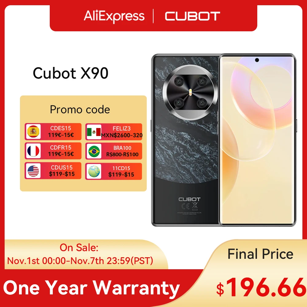 

CUBOT X90 Smartphone 6.67" AMOL ED Curved 120Hz Display 32GB(16GB+16GB Extend)+256GB Android 14 Helio G99 NFC 100MP Main Camera