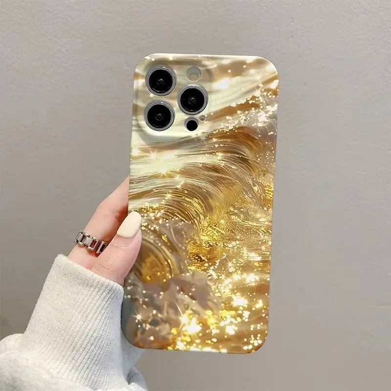 New Luxury INS Gold Wave Print Fortune Hard Phone Case For iphone 16 15 14 13 12 11 X XS XR Pro Max Plus Art Protective Cover