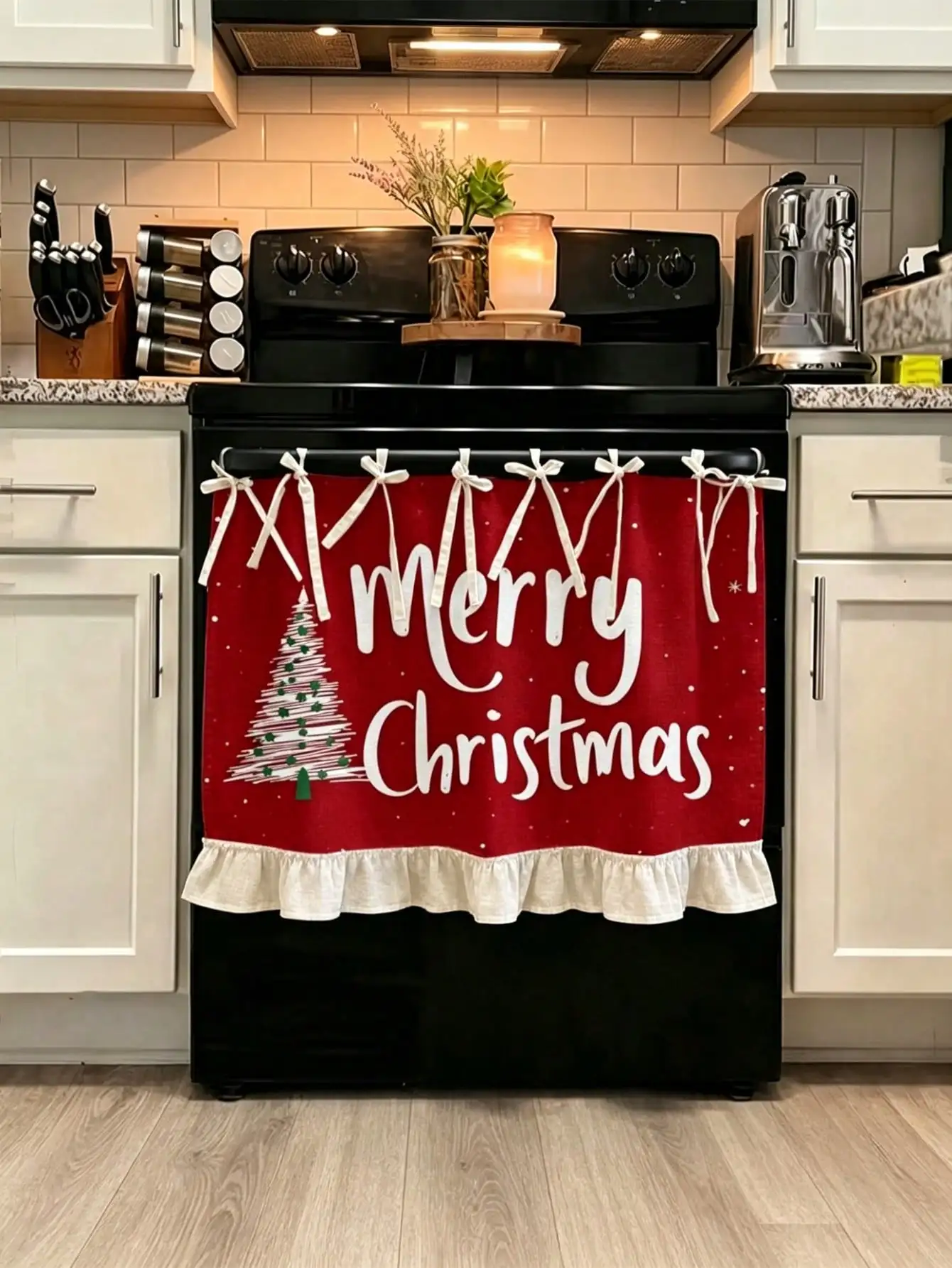 1pc 2D Merry Christmas Tree Pattern Multi-Functional Decorative Curtain, Suitable Kitchen Skirt, Oven Curtain, Washing, Dishwasher, Bathroom Window Decoration, And Kitchen, Christmas Decor, Christmas Home Decor, Kitchen Essentials, Home Decor