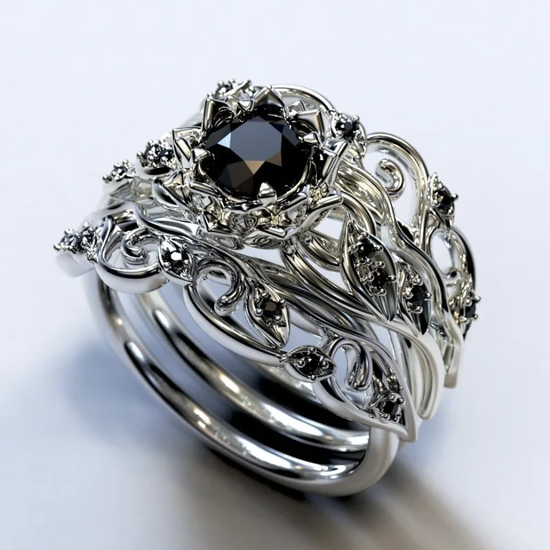 New Women's 3-Piece Fashion Jewelry Ring Set - Exquisite Floral Shape Wave Edge Design Black Diamond Inlaid Minimalist Ring