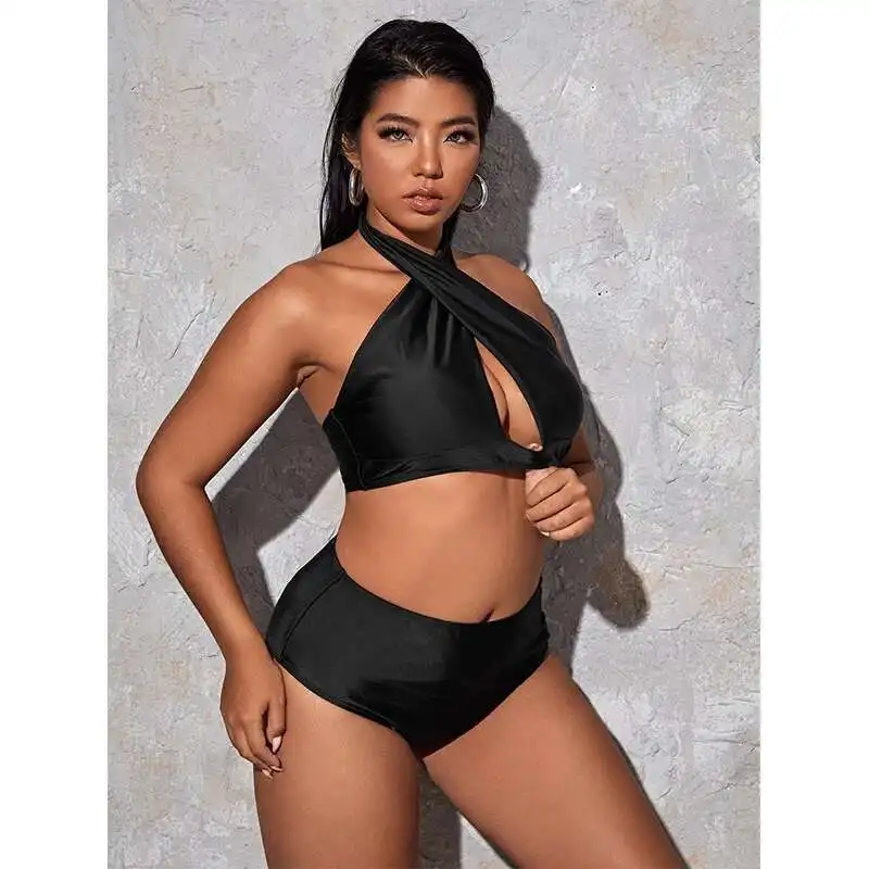 

Out Hollow Solid Color Plus Size Split Swimsuit Women's High Waisted Bikini New Collection Beach Style Plus Size Swimsuit Y2k