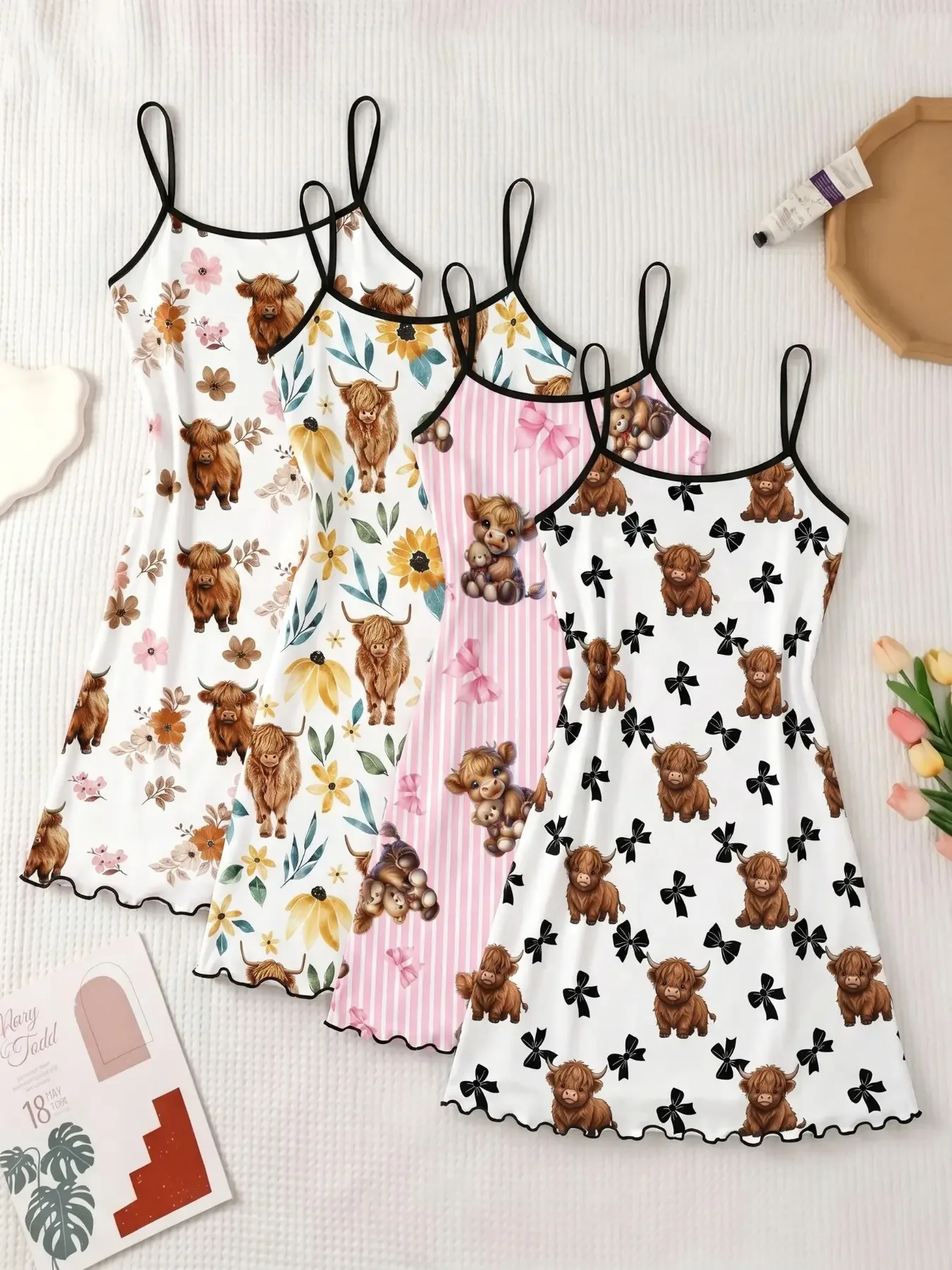 4-Pack Cute Highland Cow Print Nightdresses, Strapless Ruffle Hem, Breathable Lightweight, Perfect for Spring Summer, Daily Home Wear, Nightwear
