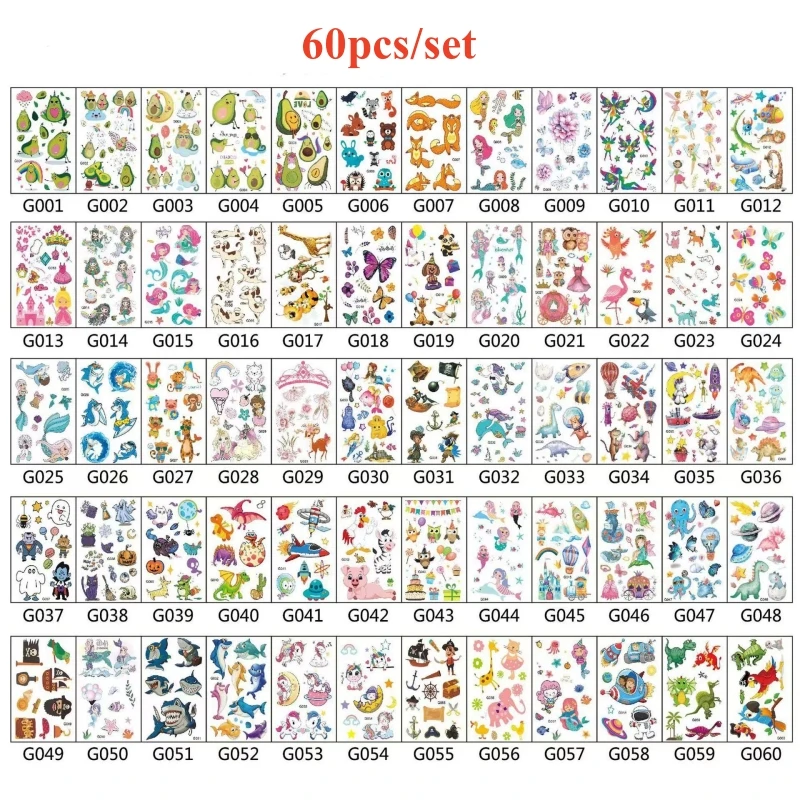 60Sheets Cute Small Temporary Tattoos for Kids Girls Boys Tiny Animals Mermaid Unicorn Cartoon Fake Tattoo Sticker Face Hands