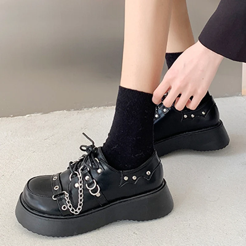 Women Punk Shoes Retro Rivets Chains Chunky Platform Oxford Shoes Leather School Uniform Jk Student Goth Lolita Shoe For Female