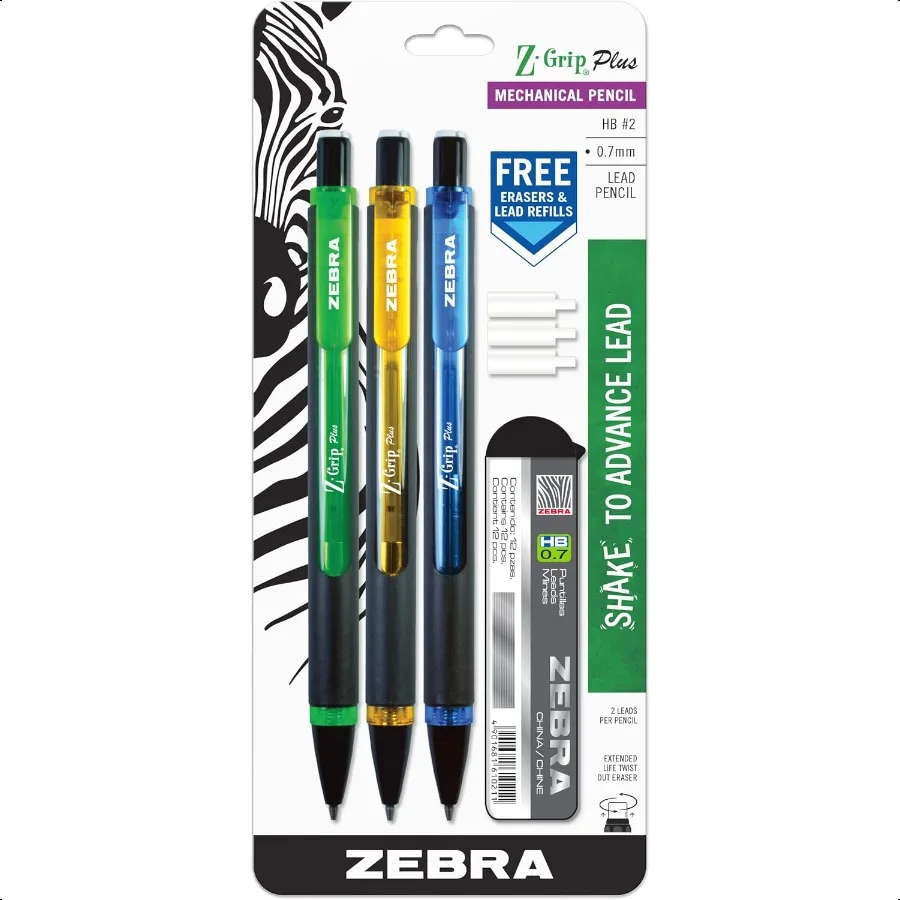 

ZGrip Plus Mechanical Pencil 0.7mm with Lead and Erasers Assorted Barrel Colors Green Yellow Blue 3Pack 55403