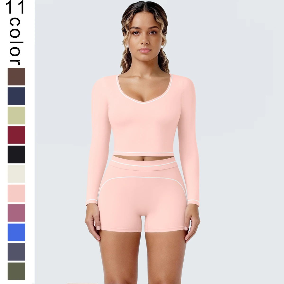 New Woman Yoga Set Color Blocking Tight Yoga Long Sleeved Running Shirts Quick-Dry Breathable Hip-lifting Yoga Shorts Set
