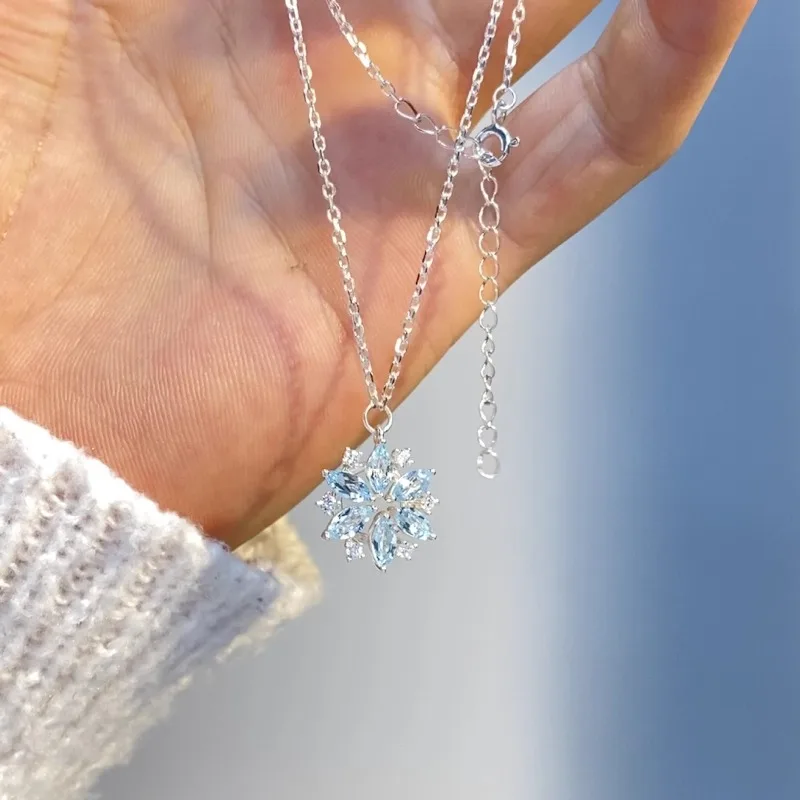 Sweet Luxury Silver Color Blue Crystal Zircon Snowflake Pendant Necklace for Woman Girl Collarbone Necklace Jewelry Accessory