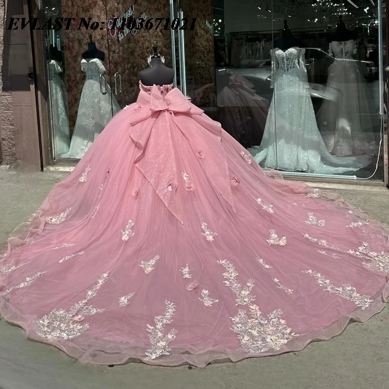 EVLAST disesuaikan Pink Quinceanera gaun gaun gaun bola 3D Floral Applique manik-manik dengan busur korset manis 16 Vestidos De 15 Anos SQ720