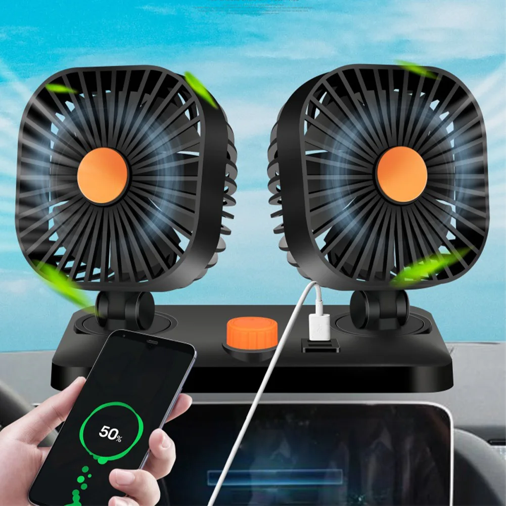 

12/24V Portable Fan For Car Adjustable 2 Speeds Dual Head Fans With Remote Control 360 Degree Rotatable Electric Auto Fan