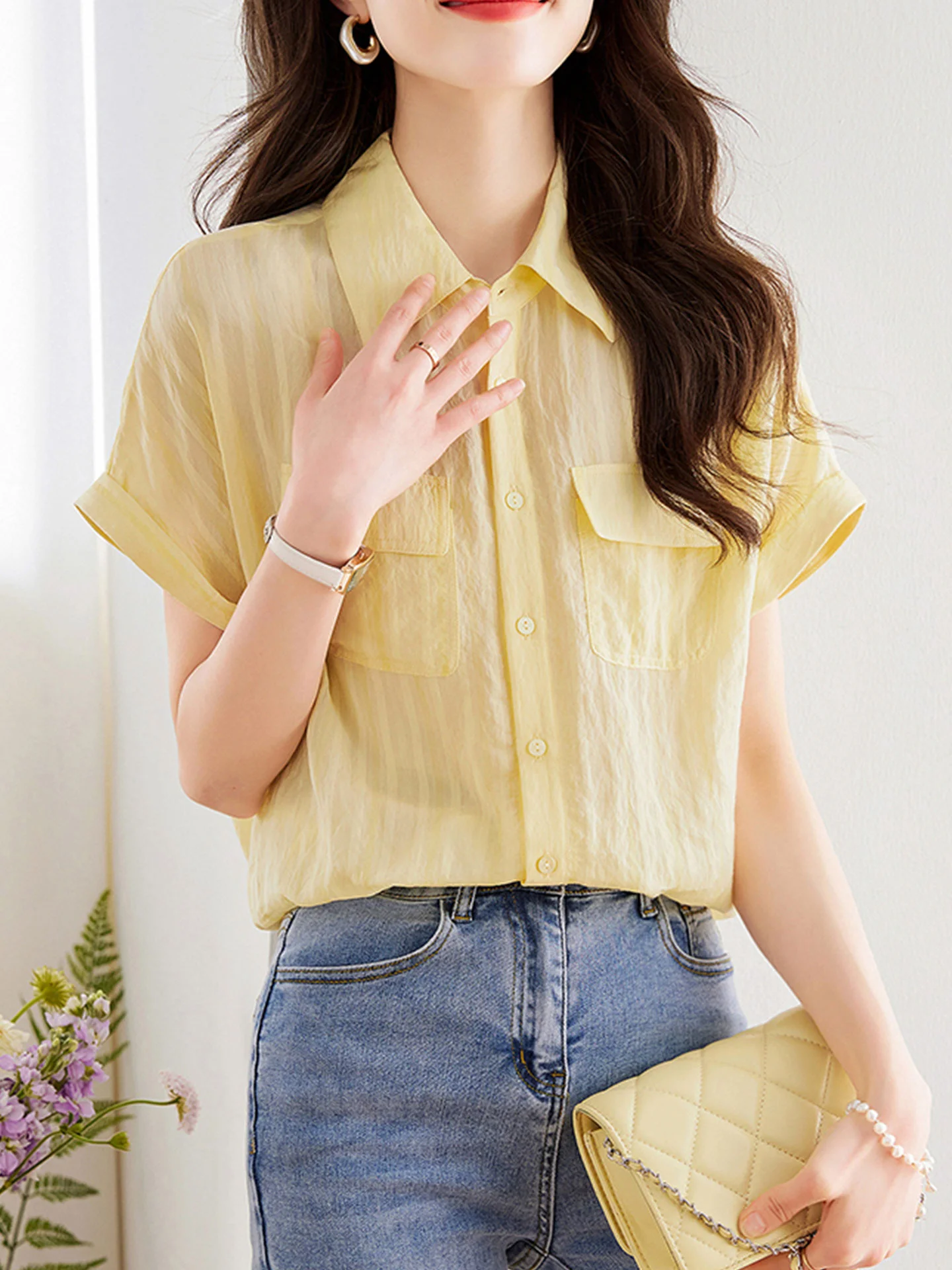 

Faionable Single-Button Design Summer irt Cardigan Ele Women's Top Korean Sle Straight Cut Silk Blend ort Sve