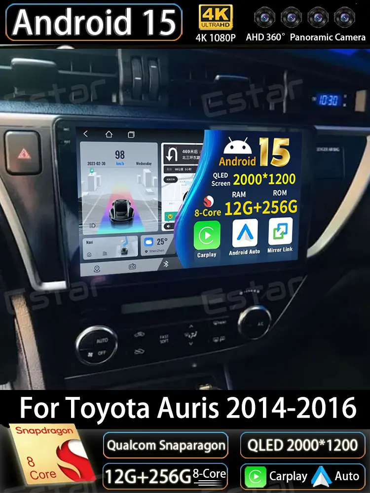 Android 15 Carplay voor Toyota Auris 2013 2014 2015 2016 Corolla E160 E170 LHD 360 camera 5G WIFI autoradio BT videospeler QLED - afbeelding 2