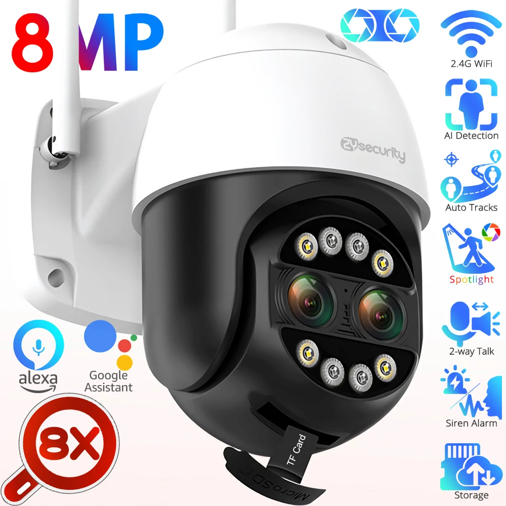 8MP 4K IP Camera External WiFi Security CCTV Camera Dual-Lens Color Night Vision 8X Zoom Surveillance Camera Works with Alexa