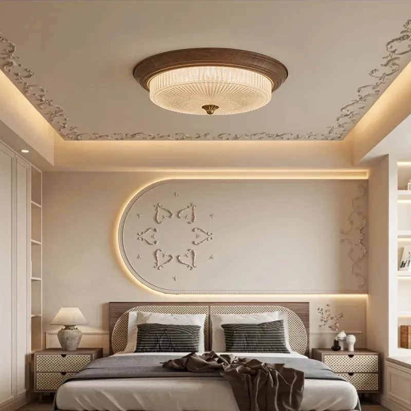 Vintage Round Ceiling Light Walnut Wood Grain Frame Ribbed Glass Shade 3 Color Changing LED Ceiling Lamp For Bedroom Living Room