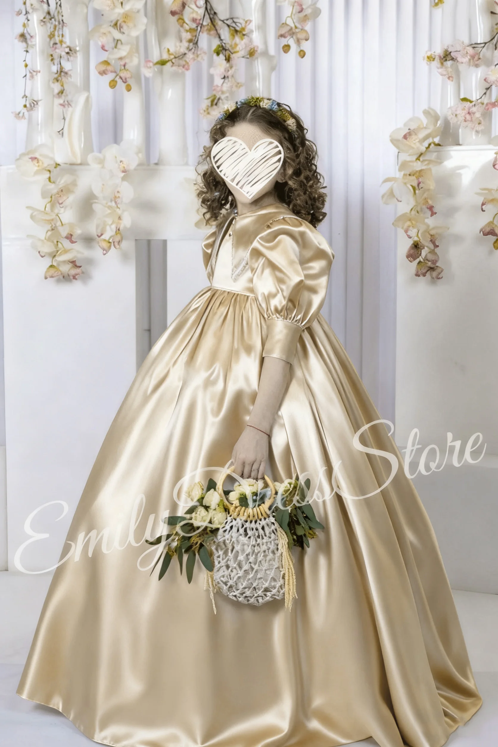 Customized Champagne Flower Girl Dress For Wedding Doll Collar Puffy High Waist Kids Birthday Party First Communion Ball Gown