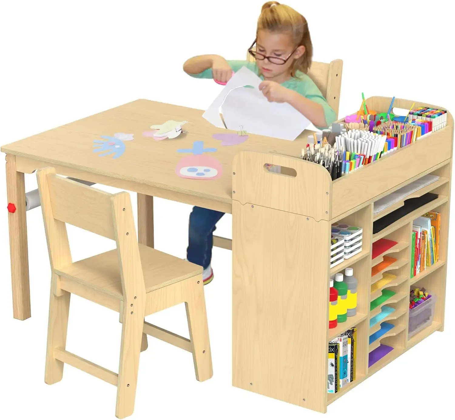 Kinderkunsttafel en stoelenset Knutseltafel met groot opbergbureau en draagbare kunstbenodigdhedenorganizer voor kinderen van 8-12 jaar, 47"